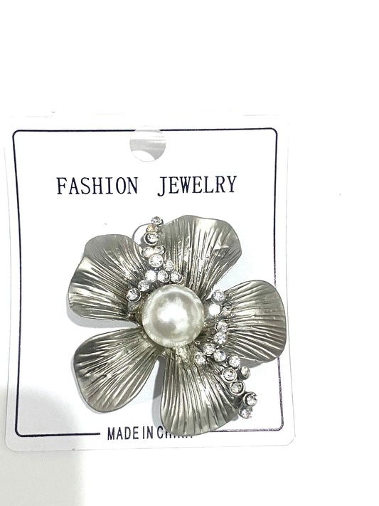 Silver Flower Brooch with White Pearl and Stones
